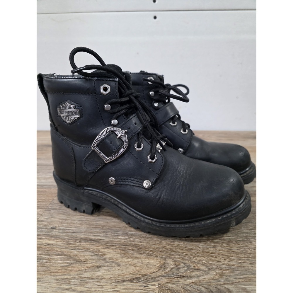 Harley-Davidson Womens Black Leather Biker Boots Buckle Lace Up Moto Lug Sole 8